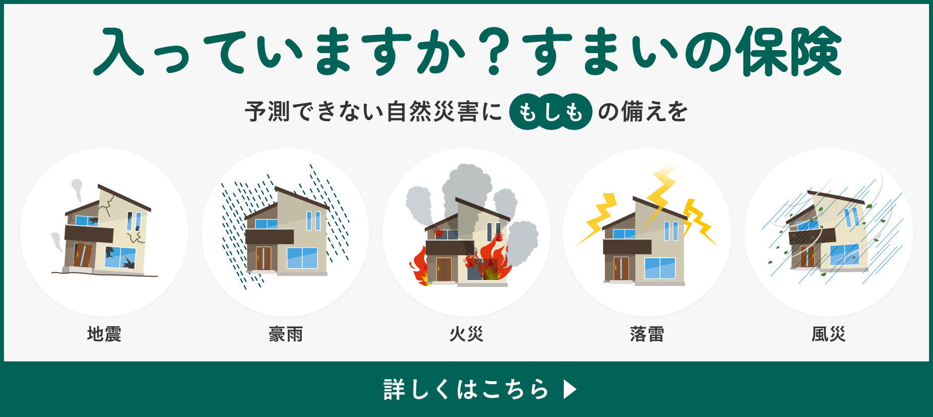 入っていますか？すまいの保険 予測できない自然災害にもしもの備えを（地震・豪雨・火災・落雷・風災）詳しくはこちら